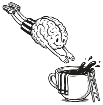 Brain mascot diving into a coffee cup