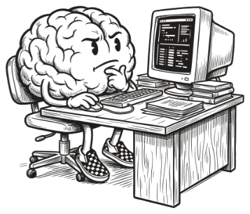 Brain mascot working at a computer