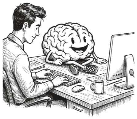 Brain mascot sitting cross-legged on a desk, helping a man work